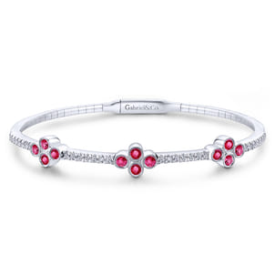 Demure - 14K White Gold Bangle with Diamond and Ruby Quatrefoil Stations