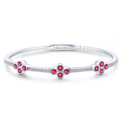 Demure - 14K White Gold Bangle with Diamond and Ruby Quatrefoil Stations