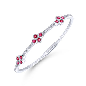 Demure - 14K White Gold Bangle with Diamond and Ruby Quatrefoil Stations