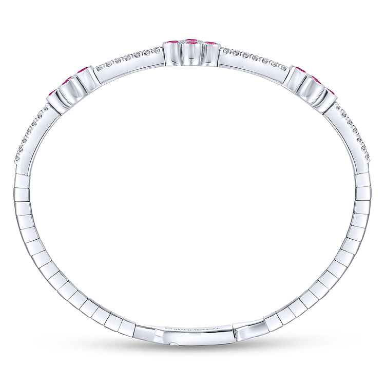 Demure - 14K White Gold Bangle with Diamond and Ruby Quatrefoil Stations
