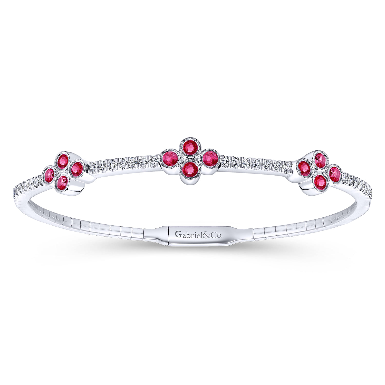 Demure - 14K White Gold Bangle with Diamond and Ruby Quatrefoil Stations - 0.5 ct - Shot 1