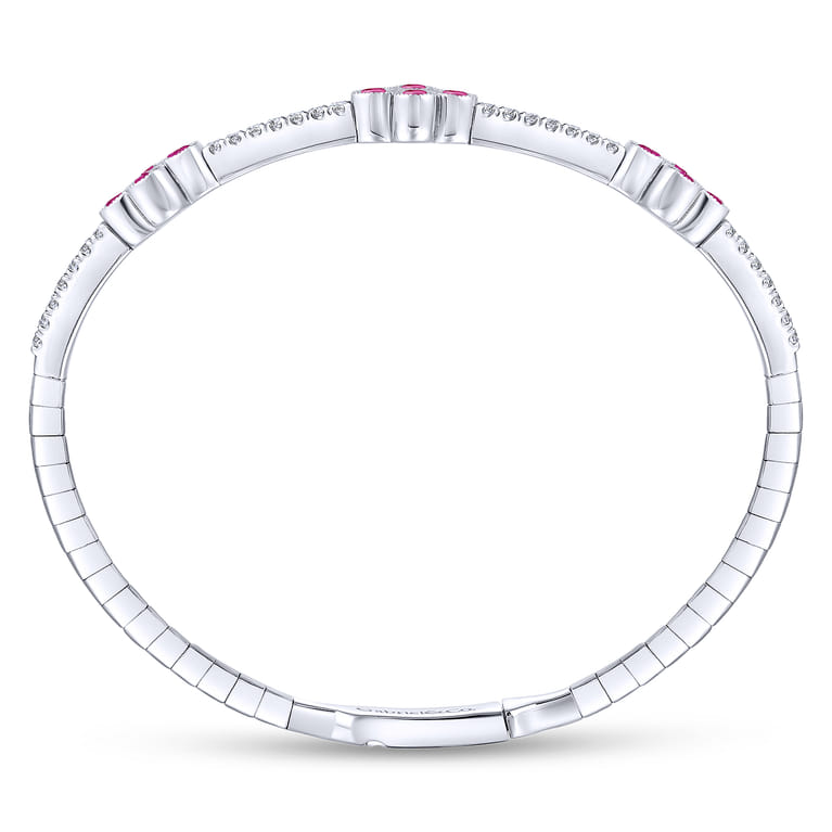 Demure - 14K White Gold Bangle with Diamond and Ruby Quatrefoil Stations - 0.5 ct - Shot 3