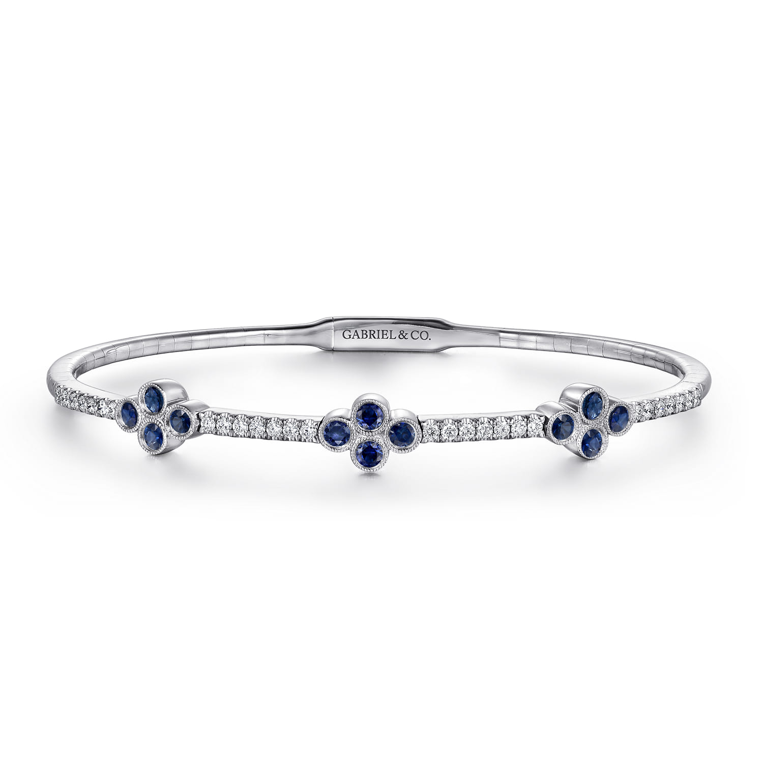 Demure - 14K White Gold Bangle with Diamond and Sapphire Quatrefoil Stations - 0.4 ct - Shot 1