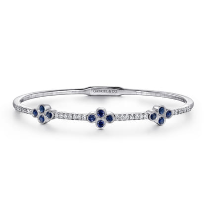 Demure - 14K White Gold Bangle with Diamond and Sapphire Quatrefoil Stations