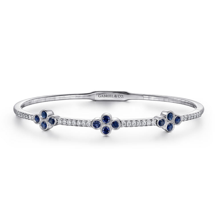 Demure - 14K White Gold Bangle with Diamond and Sapphire Quatrefoil Stations - 0.4 ct - Shot 1