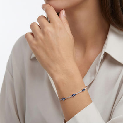 Demure - 14K White Gold Bangle with Diamond and Sapphire Quatrefoil Stations