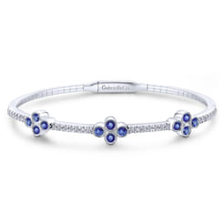 Demure - 14K White Gold Bangle with Diamond and Sapphire Quatrefoil Stations