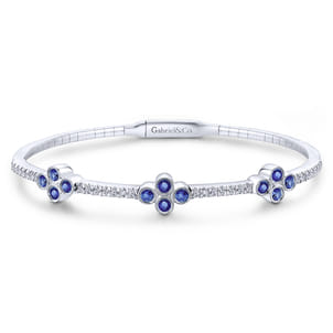 Demure - 14K White Gold Bangle with Diamond and Sapphire Quatrefoil Stations