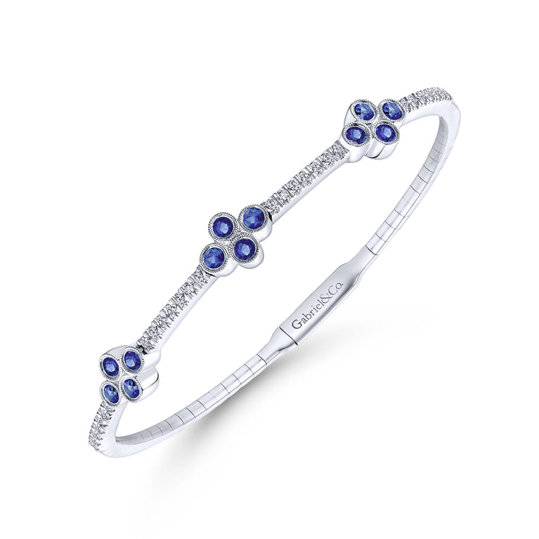 Demure - 14K White Gold Bangle with Diamond and Sapphire Quatrefoil Stations - 1 ct - Shot 2