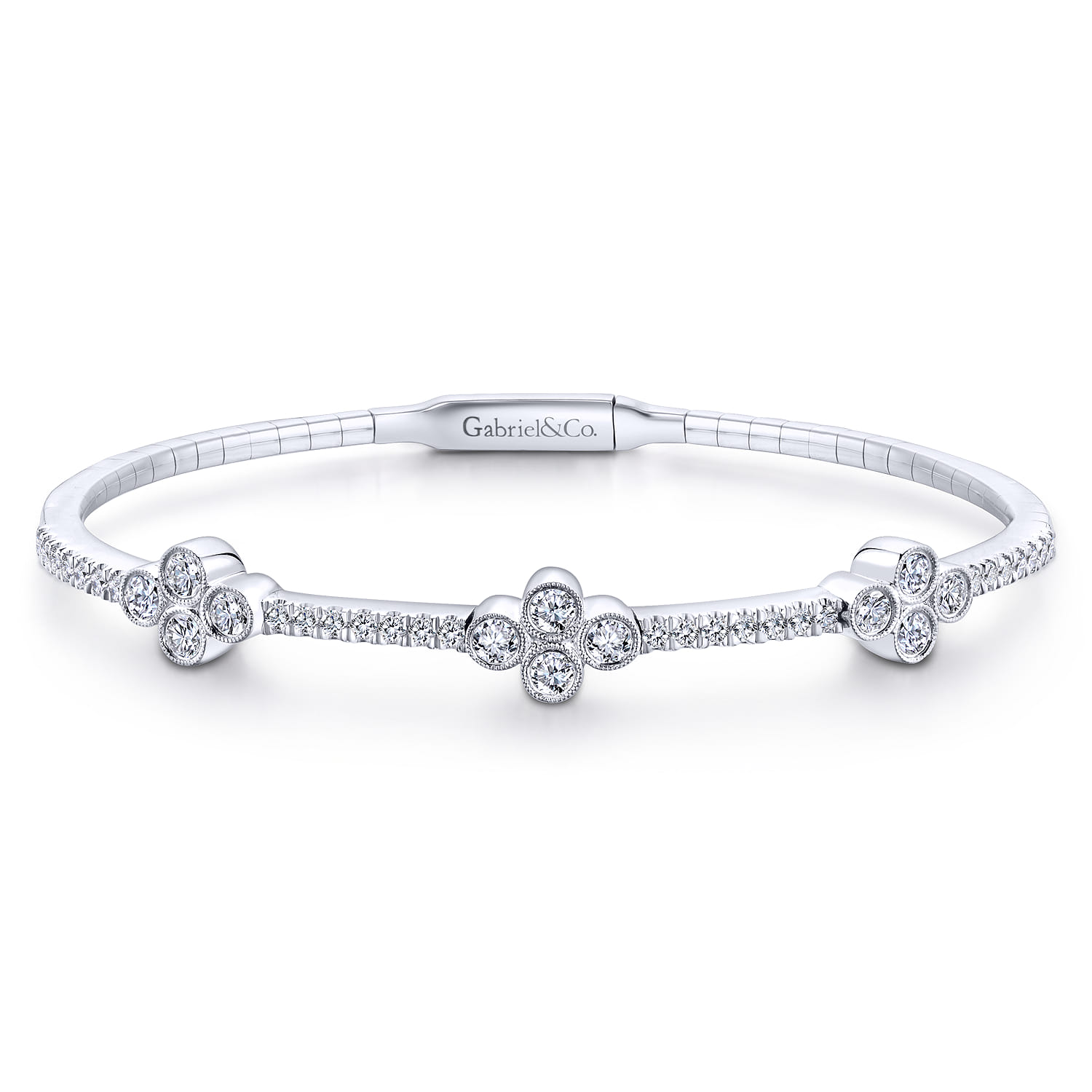 Demure - 14K White Gold Bangle with Quatrefoil Diamond Stations - 1 ct - Shot 1