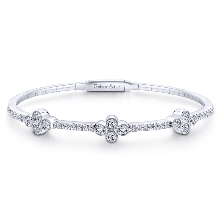 Demure - 14K White Gold Bangle with Quatrefoil Diamond Stations - 1 ct - Shot 1