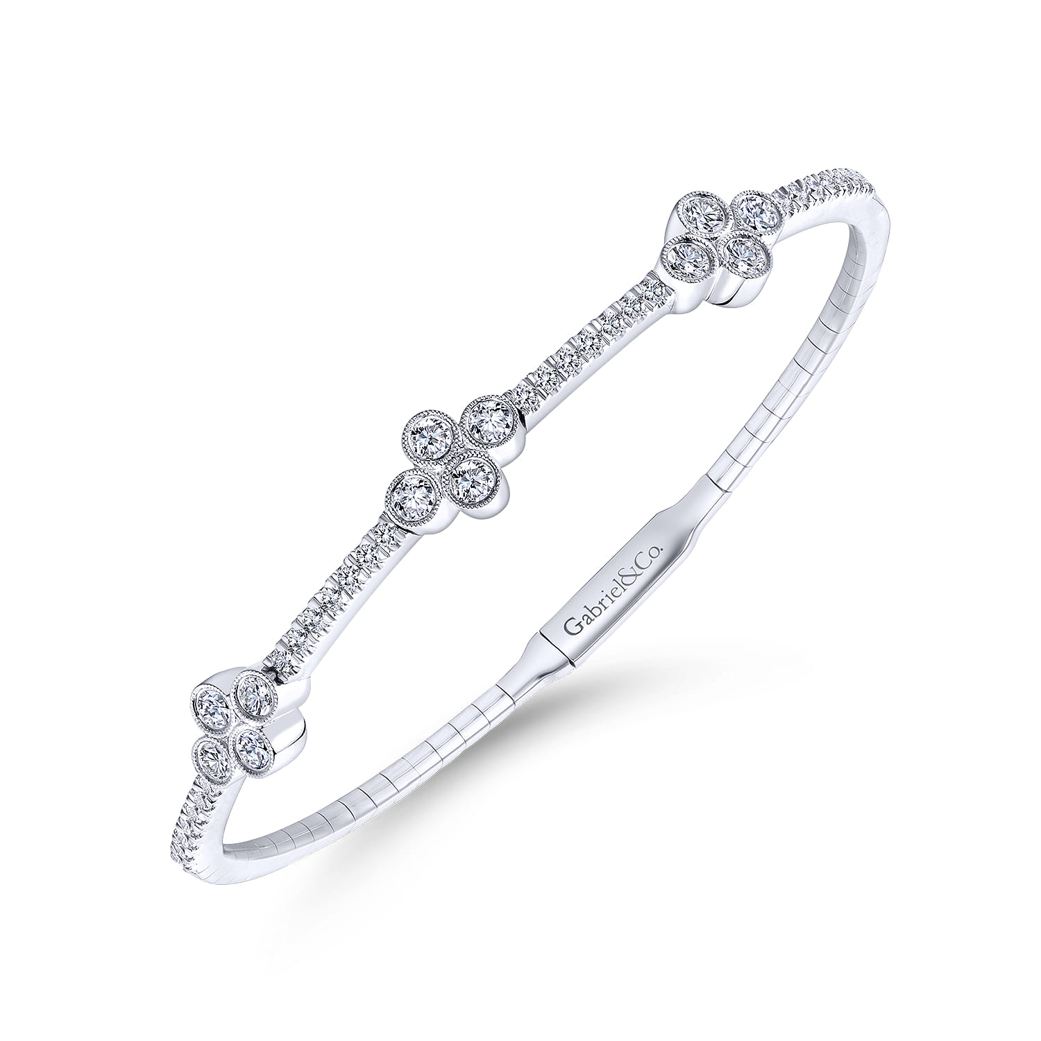 Demure - 14K White Gold Bangle with Quatrefoil Diamond Stations - 1 ct - Shot 2