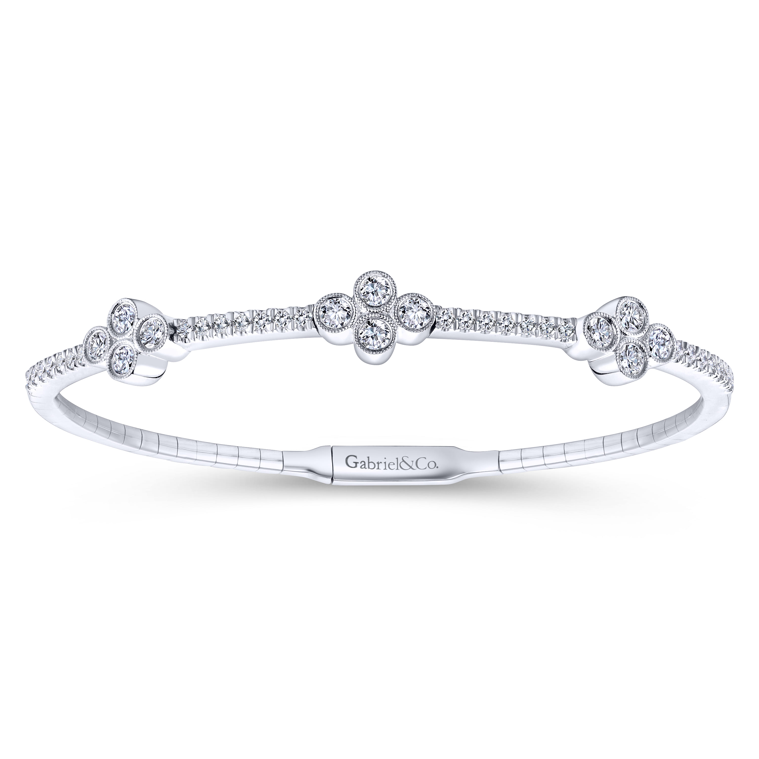 Demure - 14K White Gold Bangle with Quatrefoil Diamond Stations - 1.1 ct - Shot 1