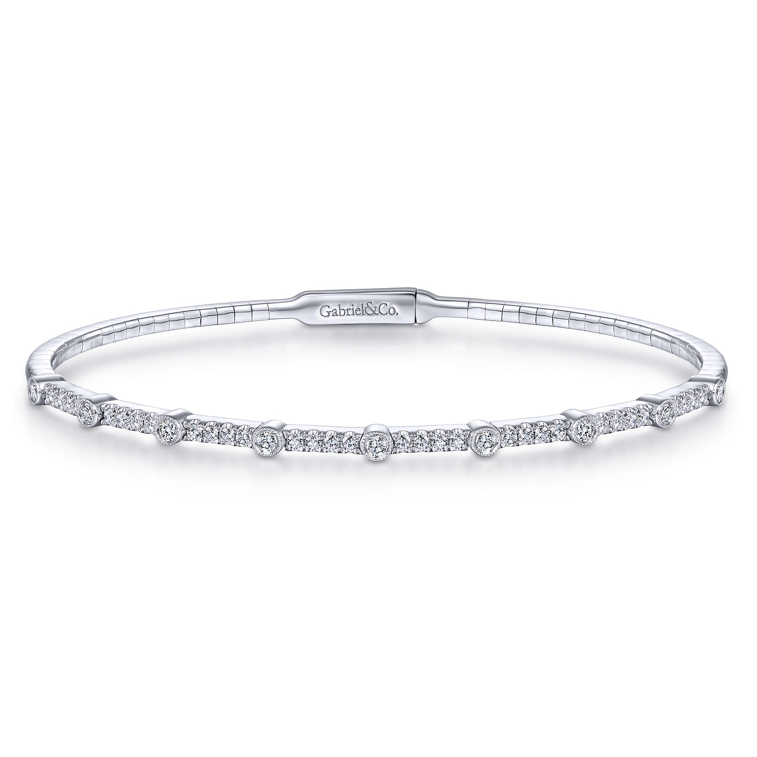 Demure - 14K White Gold Bezel Station Diamond Bangle - 0.6 ct - Shot 1
