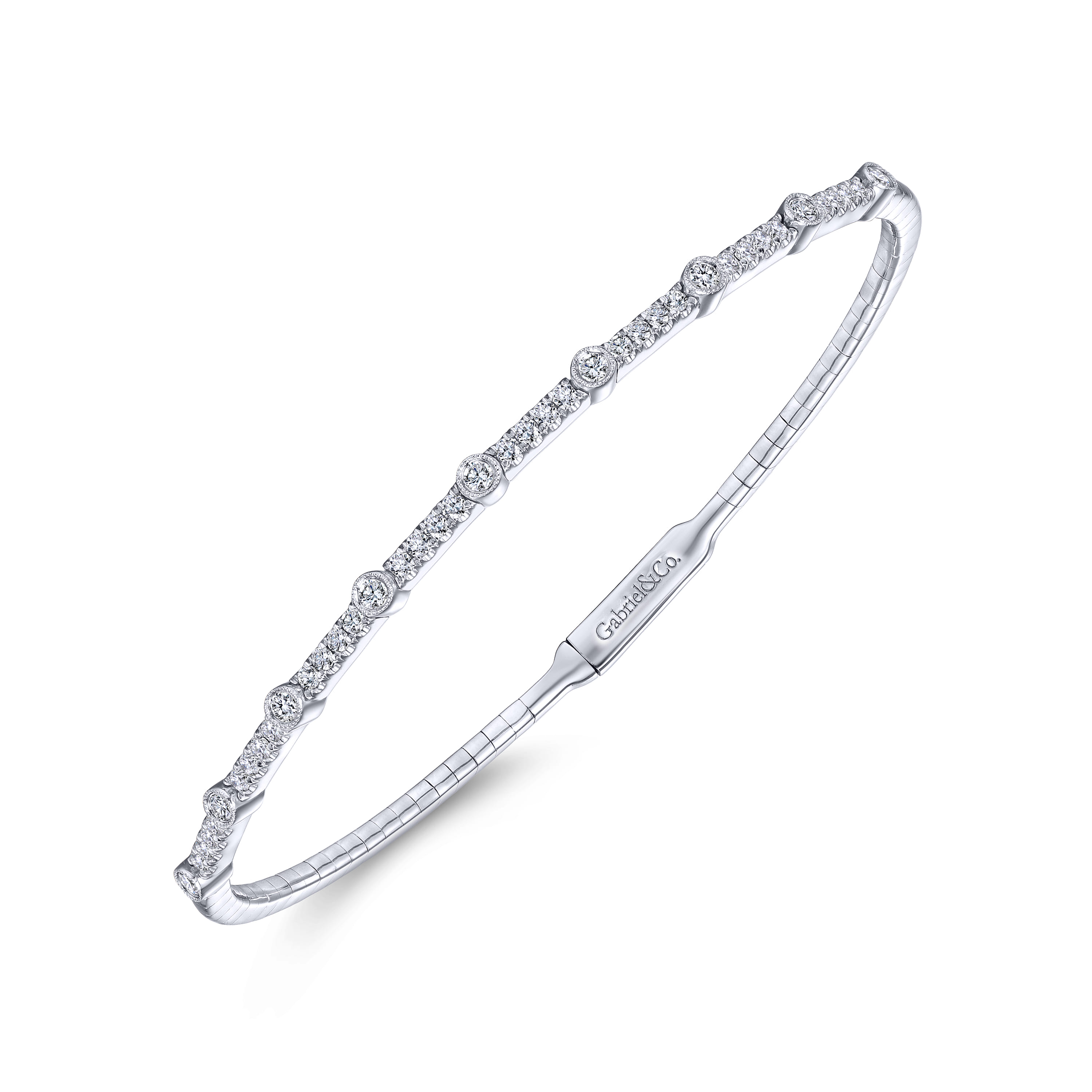 Demure - 14K White Gold Bezel Station Diamond Bangle - 0.6 ct - Shot 2