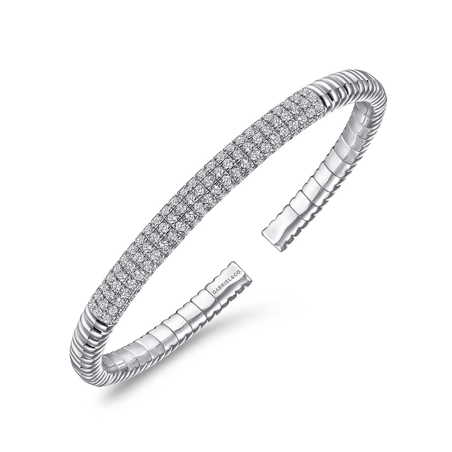 Demure - 14K White Gold Cuff Bracelet with Diamond Pave Station - 1.85 ct - Shot 2