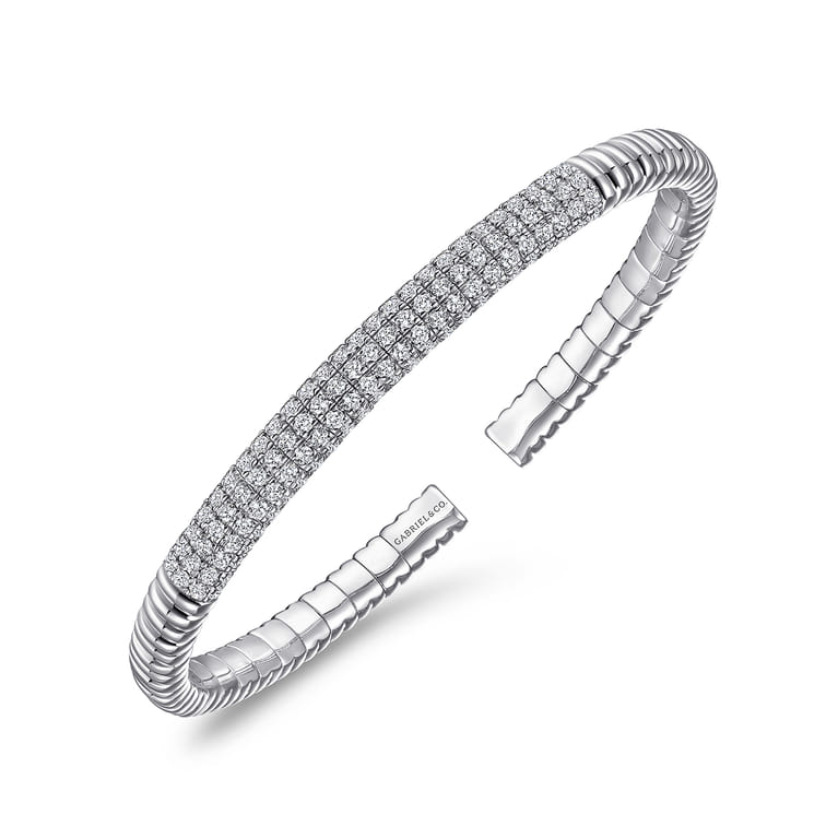 Demure - 14K White Gold Cuff Bracelet with Diamond Pave Station - 1.85 ct - Shot 2