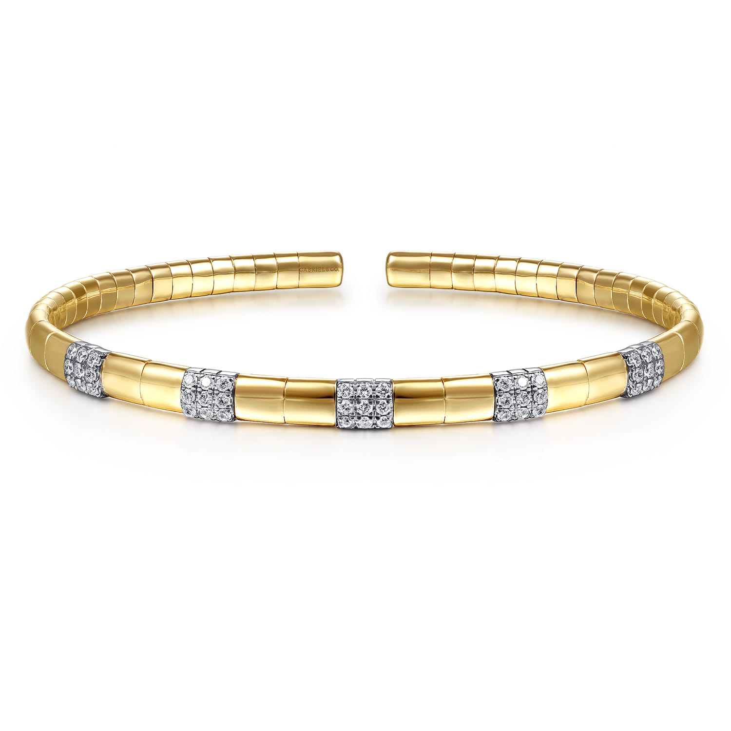 Demure - 14K White and Yellow Gold Cuff Bangle Bracelet with Pave Diamond Stations - 0.4 ct - Shot 1