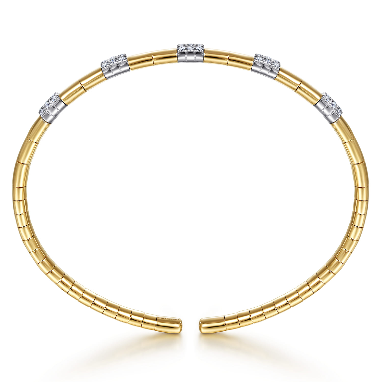Demure - 14K White and Yellow Gold Cuff Bangle Bracelet with Pave Diamond Stations - 0.4 ct - Shot 3