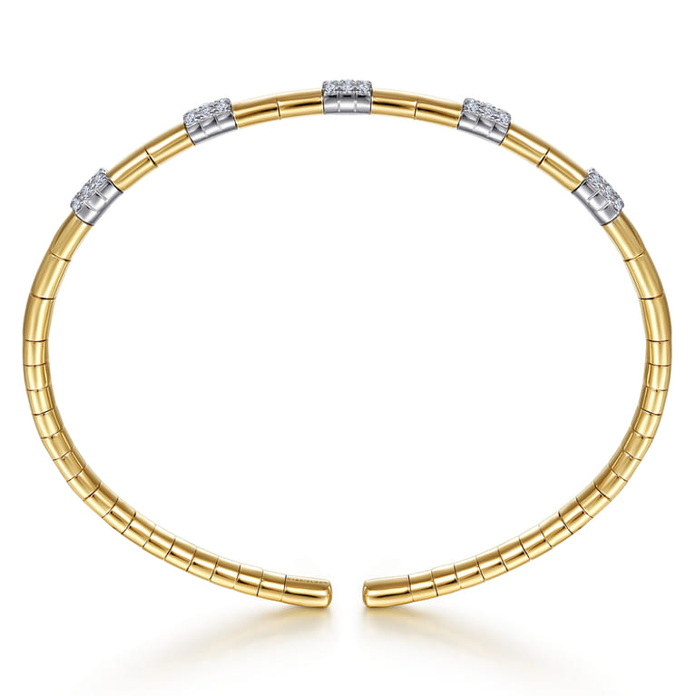 Demure - 14K White and Yellow Gold Cuff Bangle Bracelet with Pave Diamond Stations - 0.4 ct - Shot 3