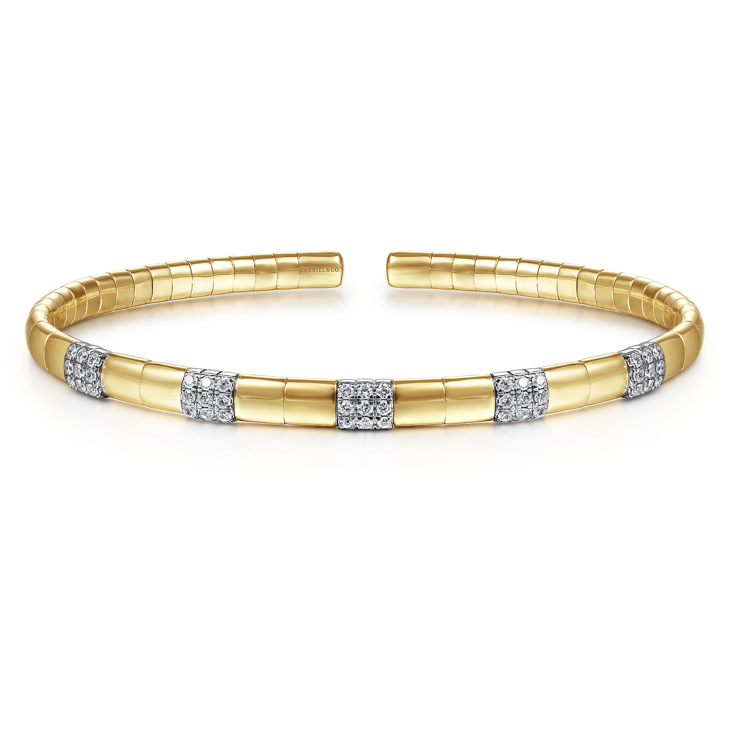 Demure - 14K White and Yellow Gold Cuff Bracelet with Pave Diamond Stations - 0.4 ct - Shot 1