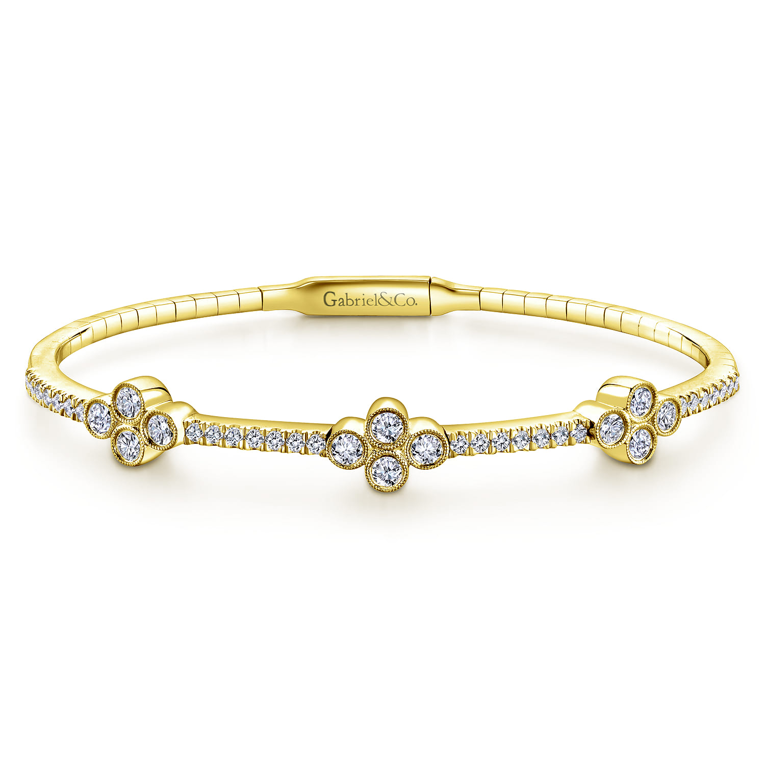 Demure - 14K Yellow Gold Bangle with Clover Diamond Stations - 1 ct - Shot 1