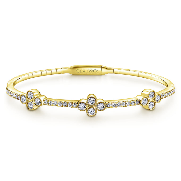 Demure - 14K Yellow Gold Bangle with Clover Diamond Stations - 1 ct - Shot 1