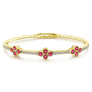 Demure - 14K Yellow Gold Bangle with Diamond and Ruby Quatrefoil Stations