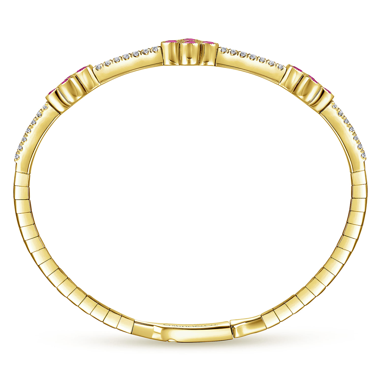 Demure - 14K Yellow Gold Bangle with Diamond and Ruby Quatrefoil Stations
