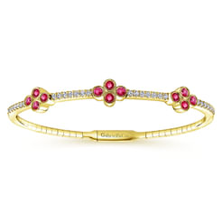 14K Yellow Gold Bangle with Diamond and Ruby Quatrefoil Stations
