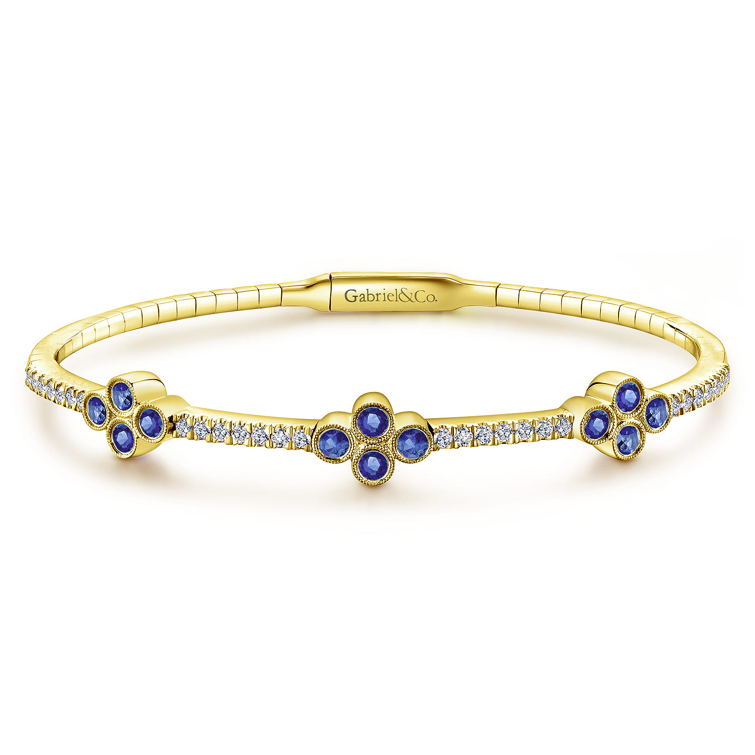 Demure - 14K Yellow Gold Bangle with Diamond and Sapphire Clover Stations - 0.4 ct - Shot 1
