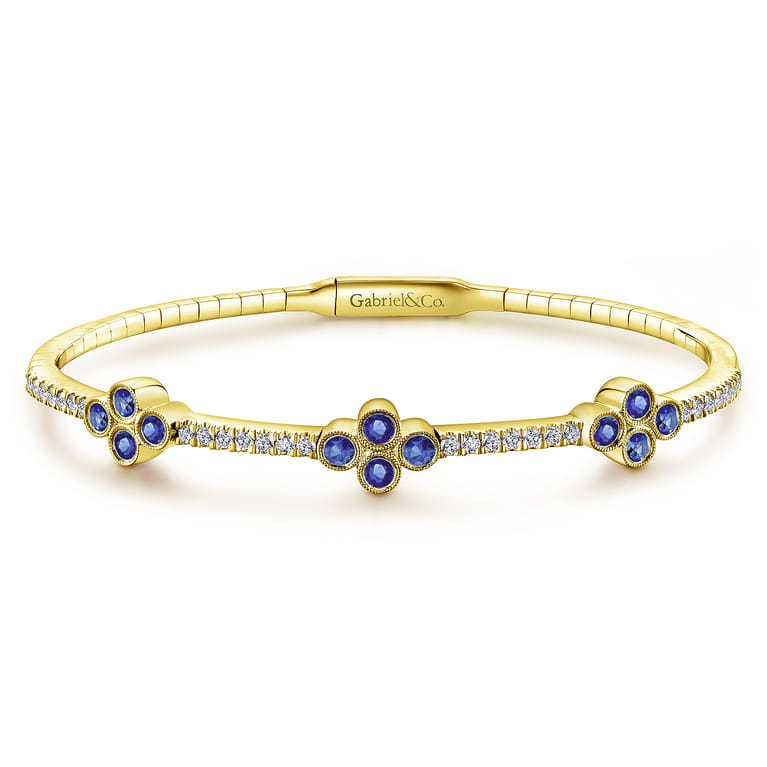 Demure - 14K Yellow Gold Bangle with Diamond and Sapphire Clover Stations - 0.4 ct - Shot 1