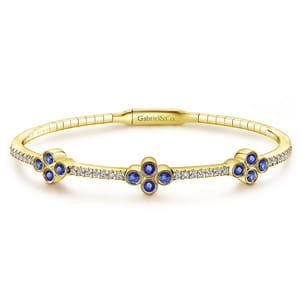 Demure - 14K Yellow Gold Bangle with Diamond and Sapphire Quatrefoil Stations