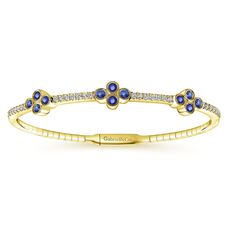 Demure - 14K Yellow Gold Bangle with Diamond and Sapphire Quatrefoil Stations - 0.5 ct - Shot 1