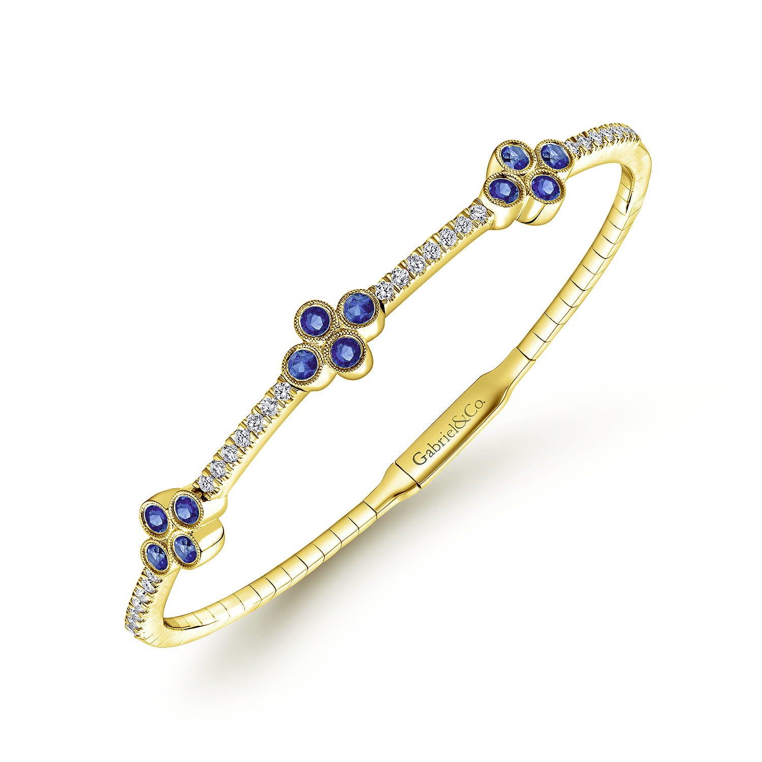 Demure - 14K Yellow Gold Bangle with Diamond and Sapphire Quatrefoil Stations - 0.5 ct - Shot 2