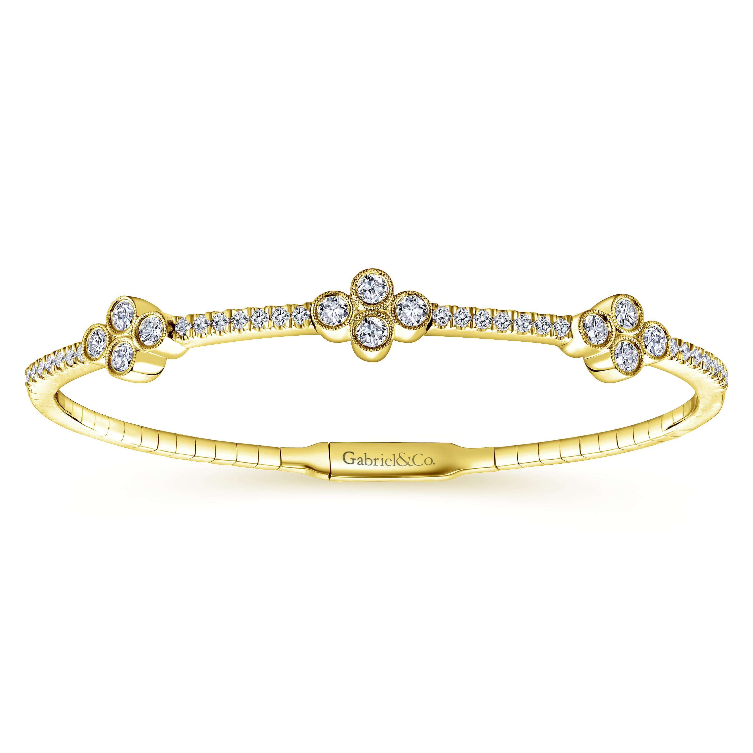 Demure - 14K Yellow Gold Bangle with Quatrefoil Diamond Stations - 1 ct - Shot 1