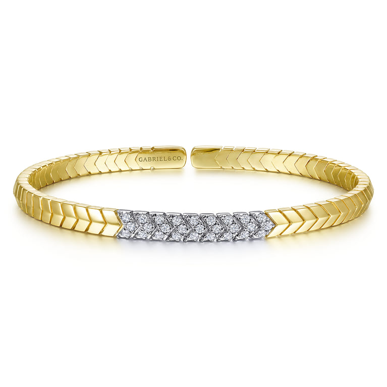 Demure - 14K Yellow Gold Chevron Cuff Bracelet with White Gold Diamond Pave Station - 0.35 ct - Shot 1