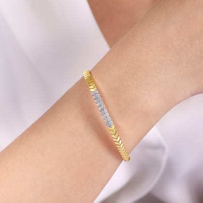 Demure - 14K Yellow Gold Chevron Cuff Bracelet with White Gold Diamond Pave Station