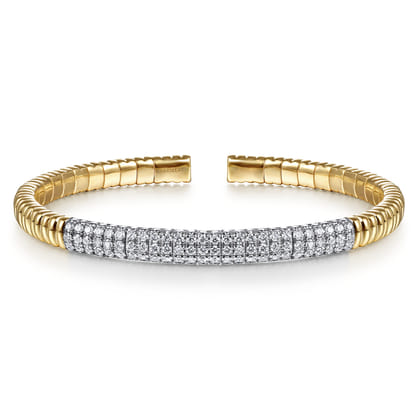 Demure - 14K Yellow Gold Cuff Bracelet with Diamond Pave Station in size 6.5