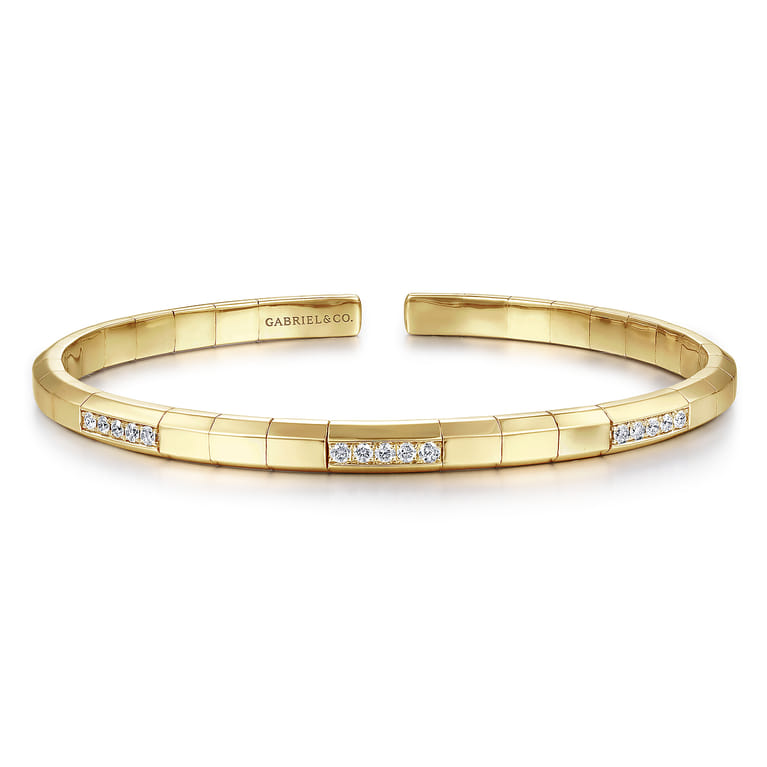 Demure - 14K Yellow Gold Cuff Bracelet with Diamond Pave Stations - 0.26 ct - Shot 1