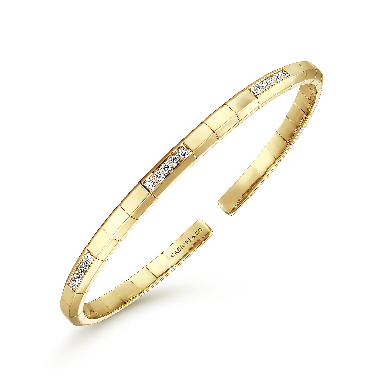 Demure - 14K Yellow Gold Cuff Bracelet with Diamond Pave Stations - 0.26 ct - Shot 2