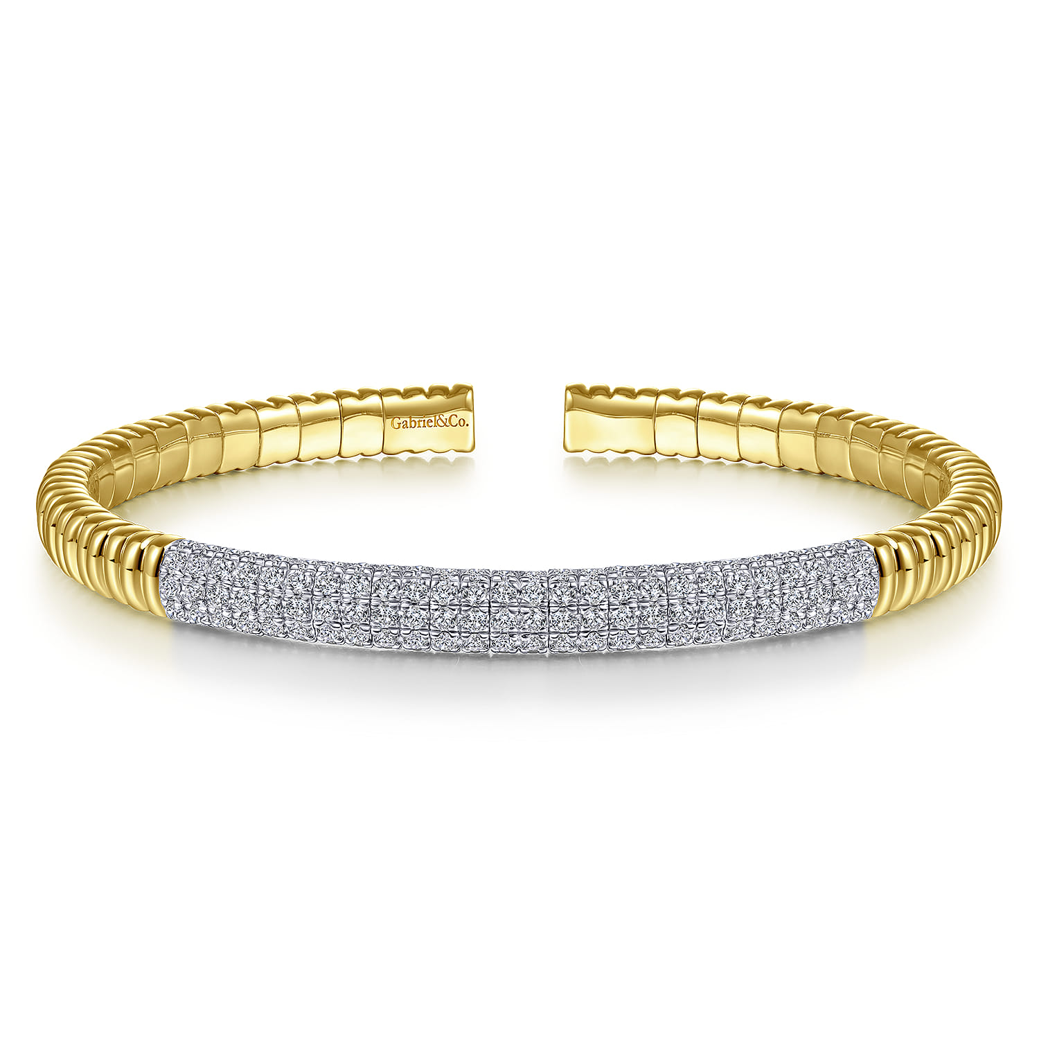 Demure - 14K Yellow Gold Cuff Bracelet with Diamond Pave Station - 1.65 ct - Shot 1