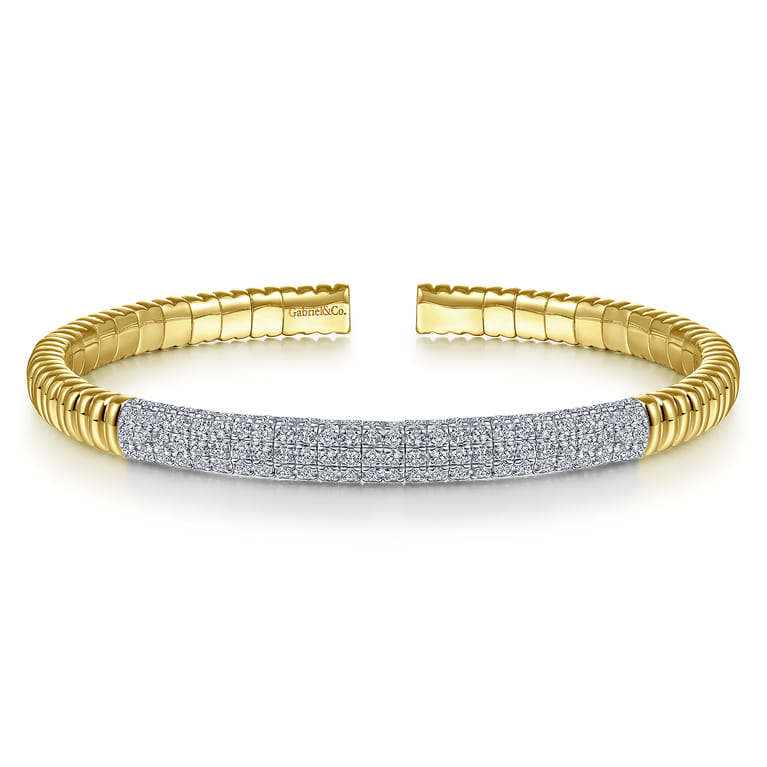 Demure - 14K Yellow Gold Cuff Bracelet with Diamond Pave Station - 1.65 ct - Shot 1