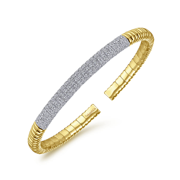 Demure - 14K Yellow Gold Cuff Bracelet with Diamond Pave Station - 1.65 ct - Shot 2