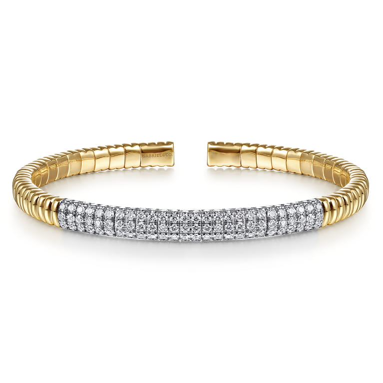 Demure - 14K Yellow Gold Cuff Bracelet with Diamond Pave Station - 1.85 ct - Shot 1