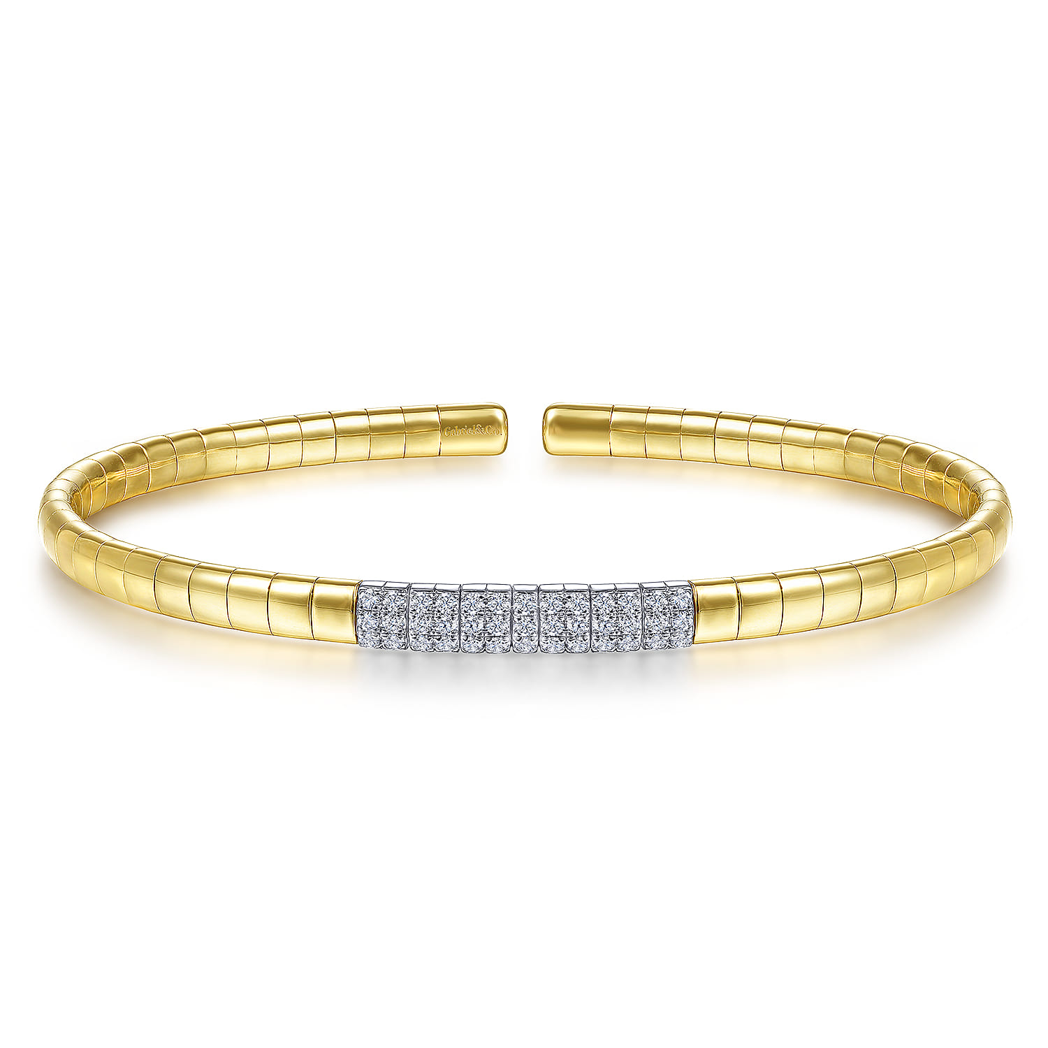 Demure - 14K Yellow Gold Cuff Bracelet with Pave Diamond Bar - 0.08 ct - Shot 1
