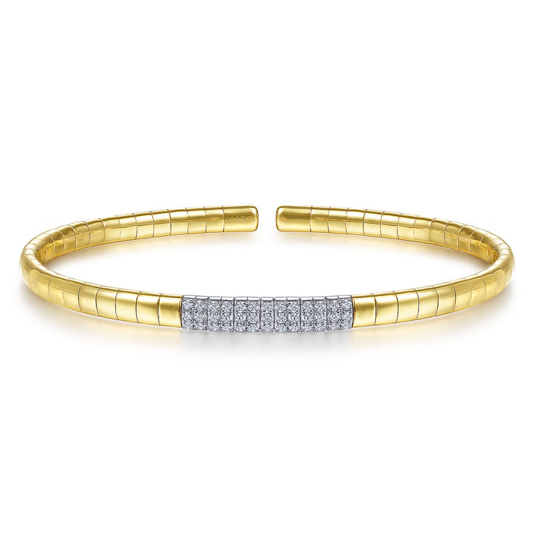 Demure - 14K Yellow Gold Cuff Bracelet with Pave Diamond Bar - 0.08 ct - Shot 1
