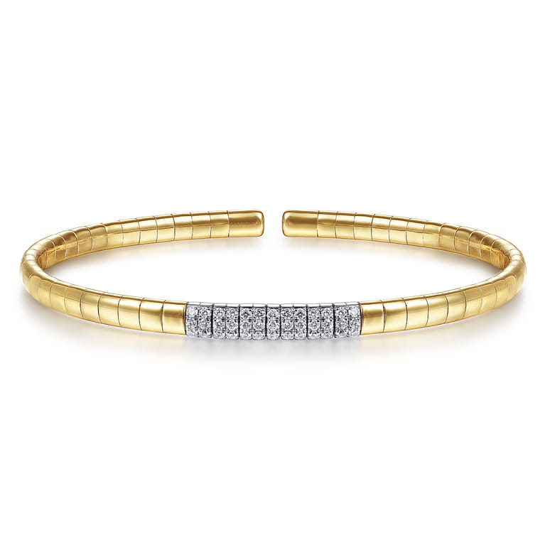 Demure - 14K Yellow Gold Cuff Bracelet with Pave Diamond Bar - 0.33 ct - Shot 1