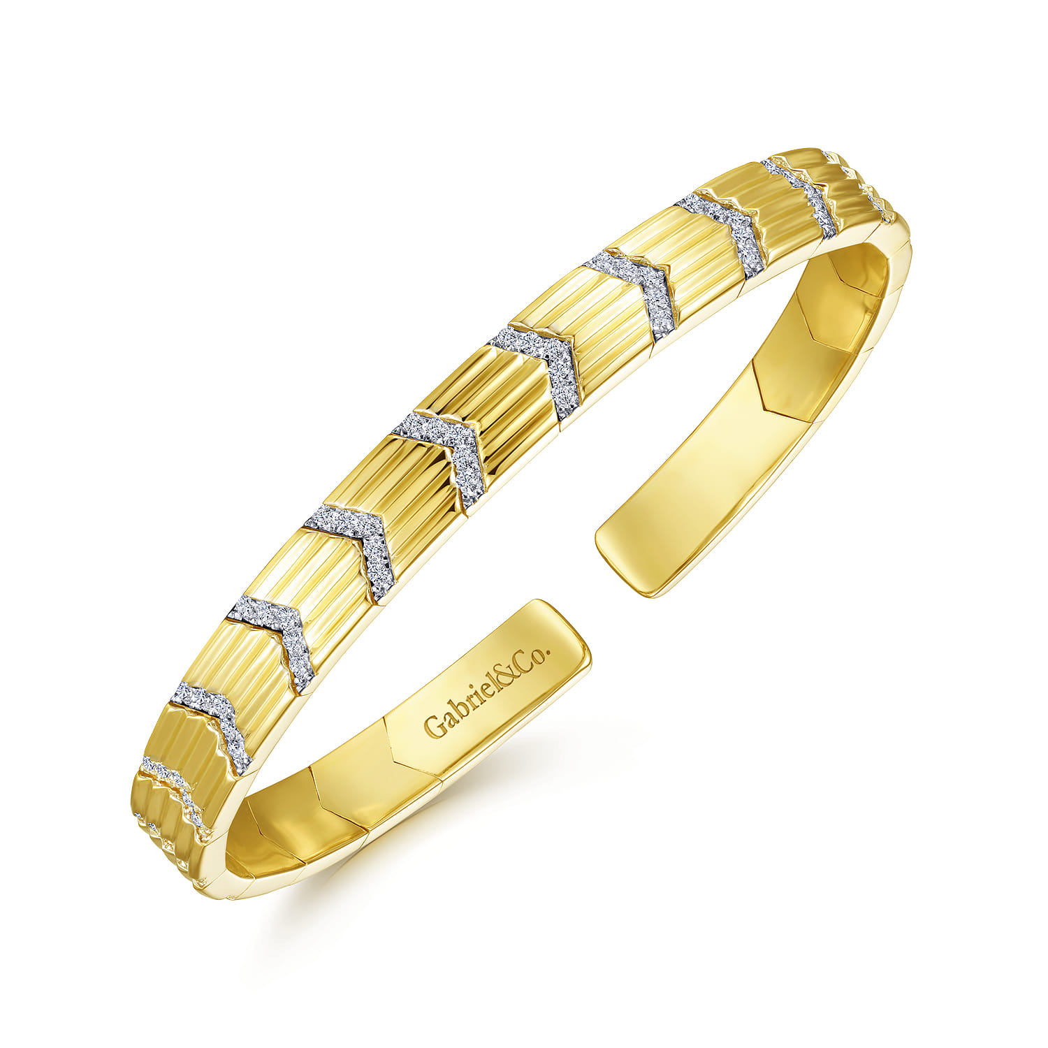 Demure - 14K Yellow Gold Cuff Bracelet with Pave Diamond Chevron Stations - 0.5 ct - Shot 2