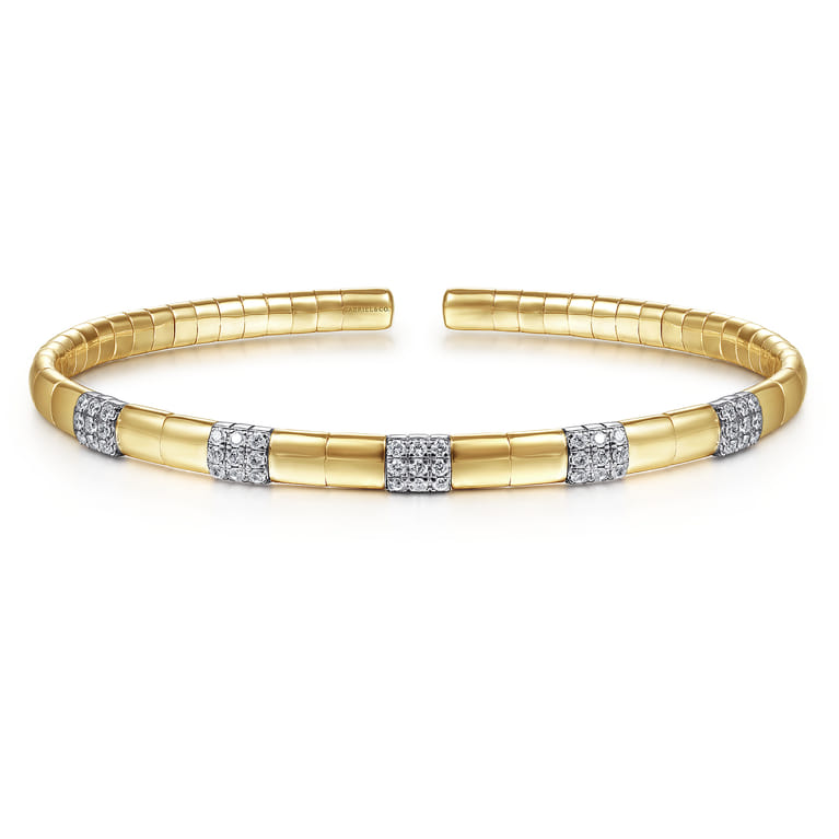 Demure - 14K Yellow Gold Cuff Bracelet with Pave Diamond Stations - 0.4 ct - Shot 1